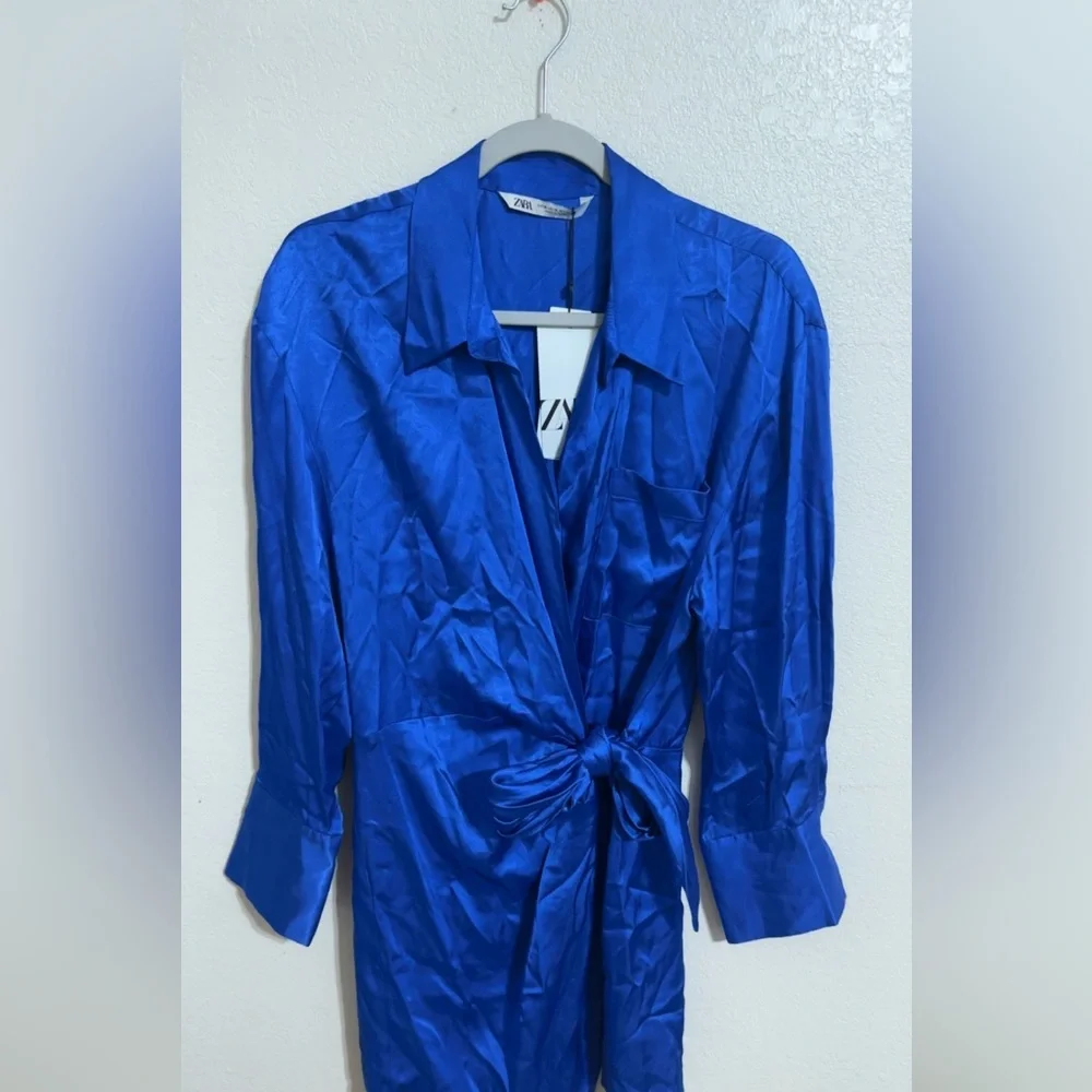 Zara Blue Wrap Around Long Sleeve Dress with Elegant Draping - Picture 2 of 11